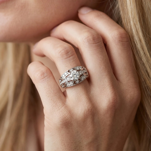 White gold Round Diamond Pave Art Deco Split Shank Ring with Four-Prong Setting