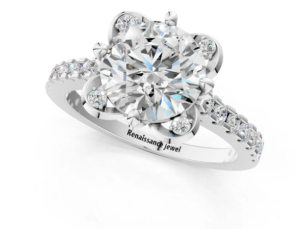 Platinum Round Floral Petal Pave Engagement Ring Setting