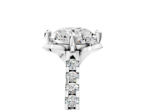 White gold Round Cut Diamond Ring with Pavé Band and Floral Prong Setting