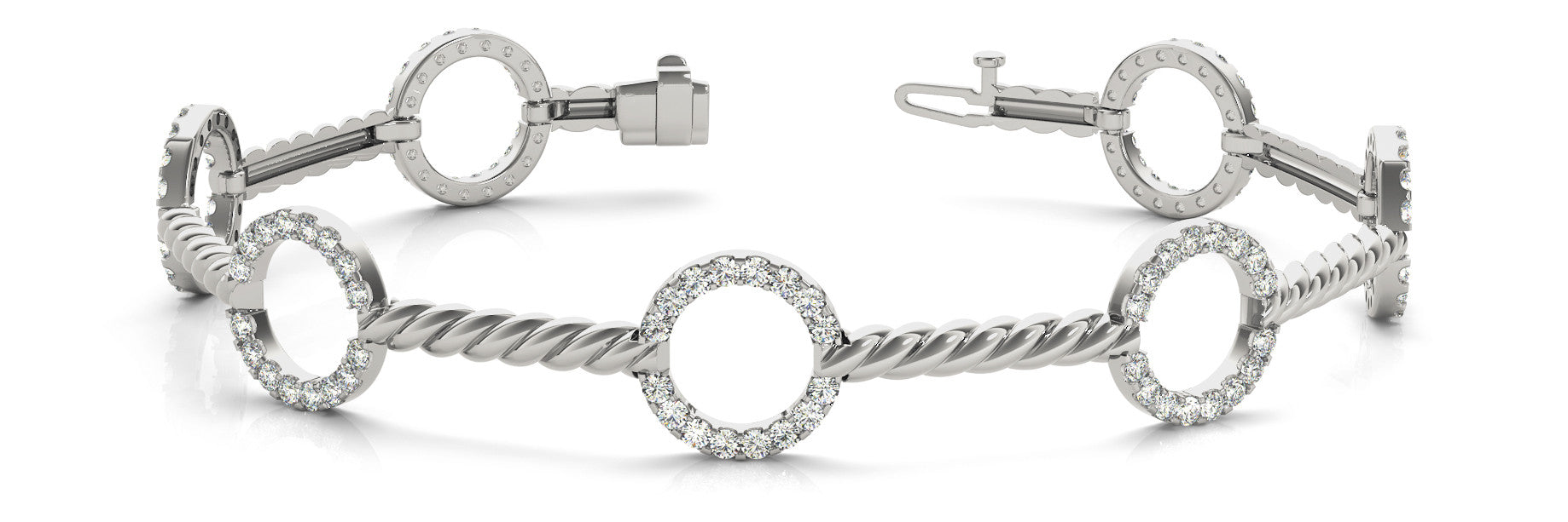 White gold Round Diamond Pave Circle Link Bracelet with Twisted Rope Band