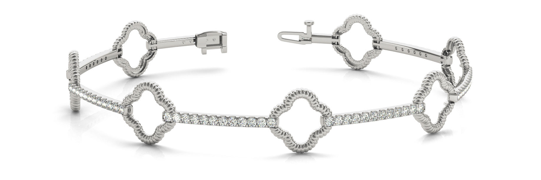 White gold Round Diamond Pave Clover Link Bracelet with Rope Band and Four-Prong Setting