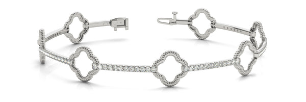 White gold Round Diamond Pave Clover Link Bracelet with Rope Band and Four-Prong Setting
