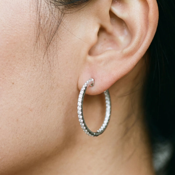 Silver Round Diamond Pave Hoop Earrings with Channel Setting