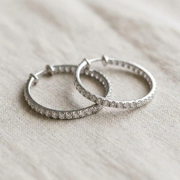 White gold Round Diamond Pave Hoop Earrings with Channel Setting