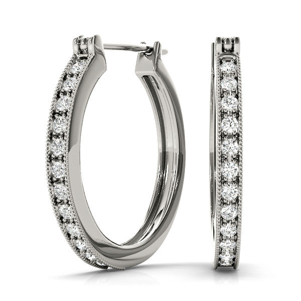 White gold Round Diamond Pave Hoop Earrings with Milgrain Edge