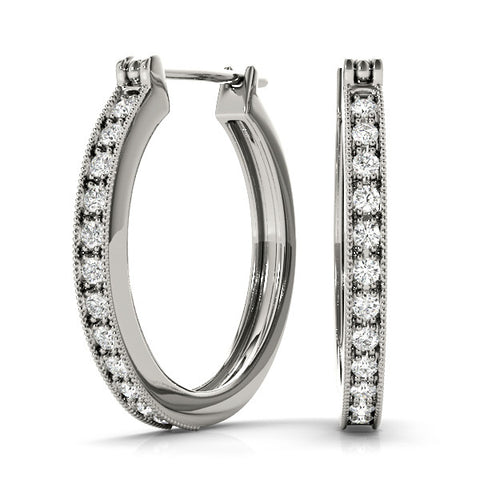 White gold Round Diamond Pave Hoop Earrings with Milgrain Edge