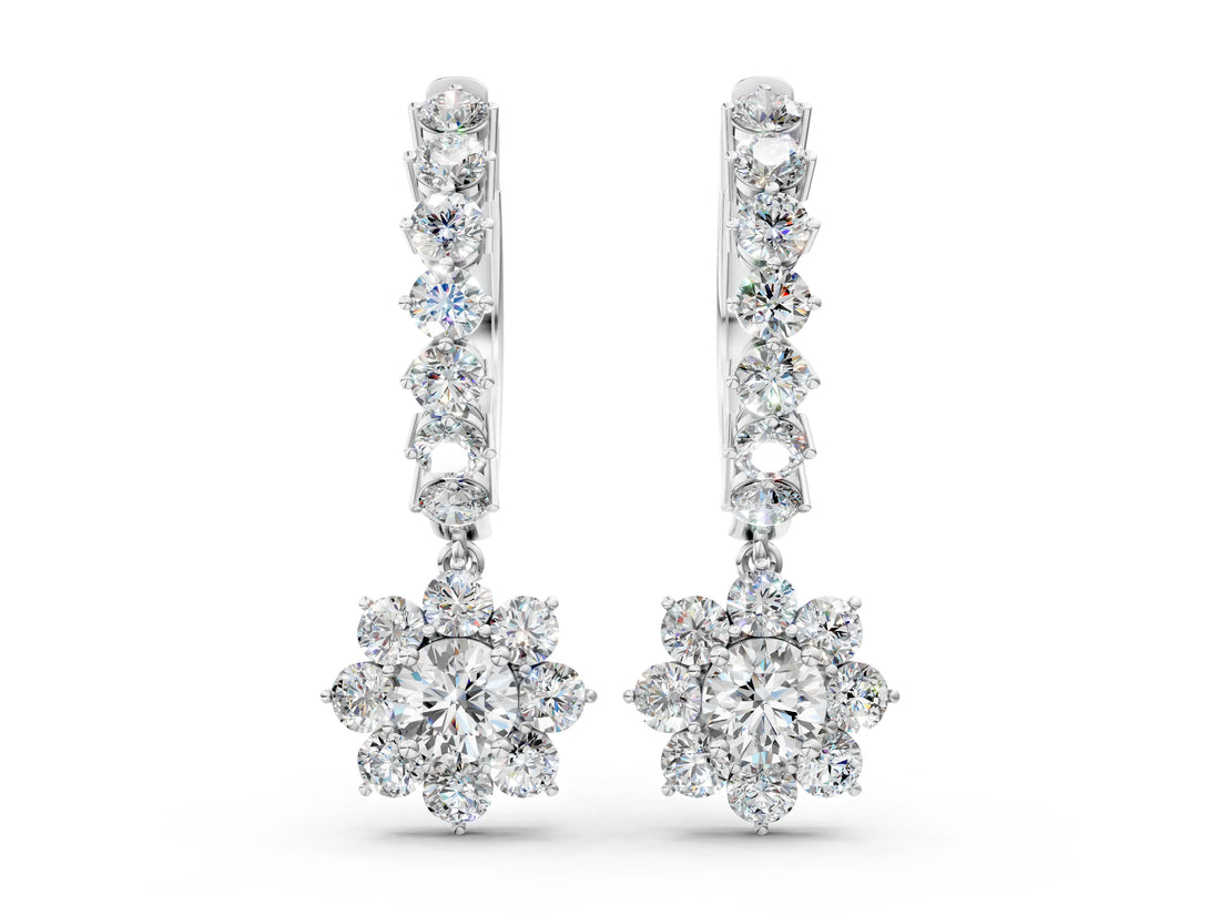 White gold Round Diamond Petite Hoop Earrings with Sunflower Drop