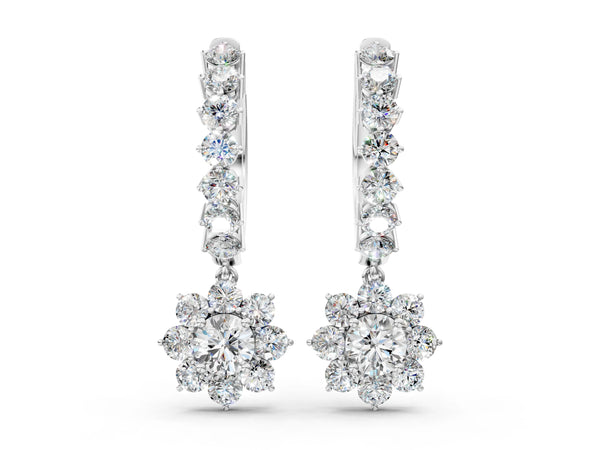 White gold Round Diamond Petite Hoop Earrings with Sunflower Drop