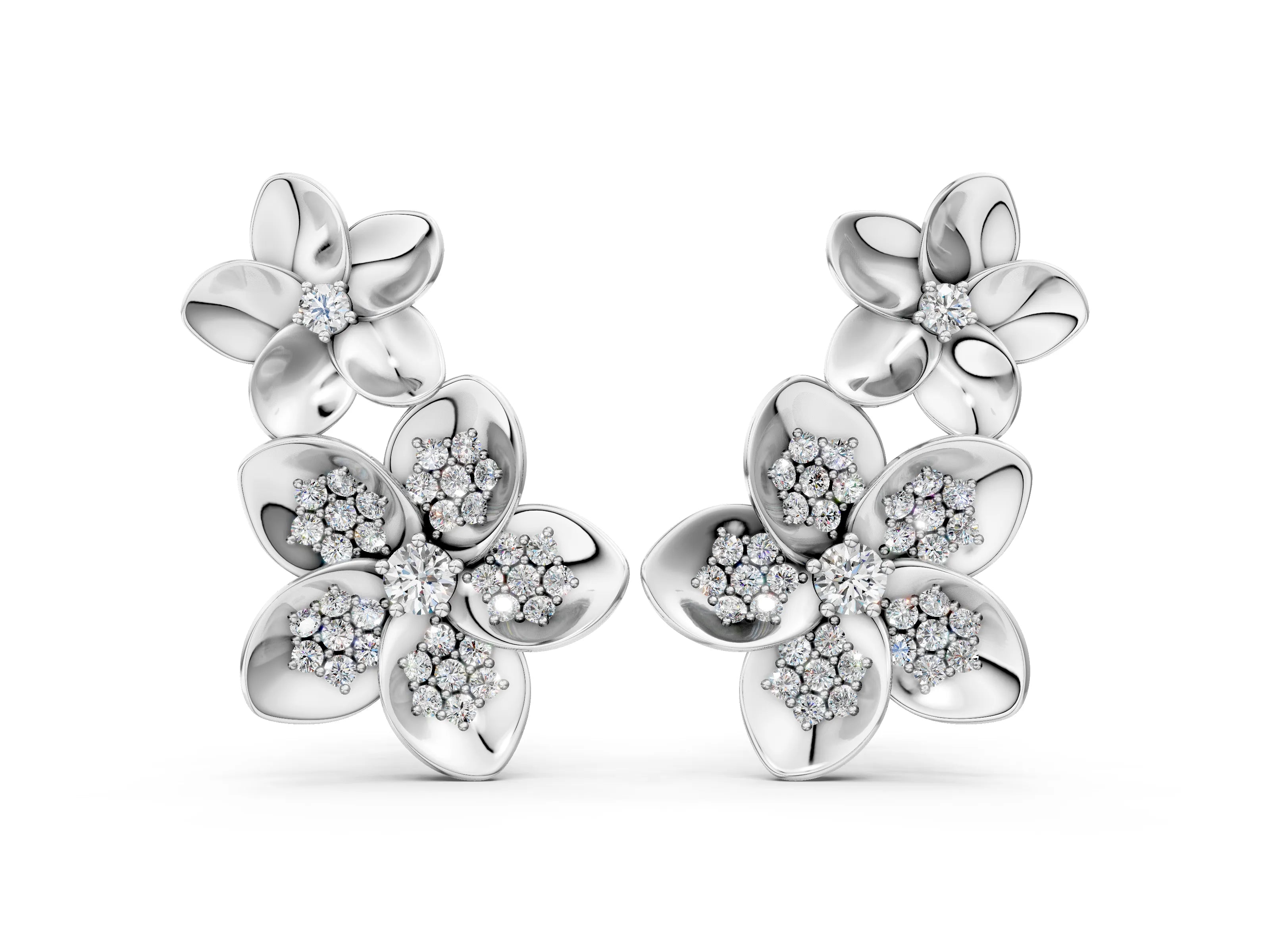White gold Round Diamond Plumeria Climber Earrings