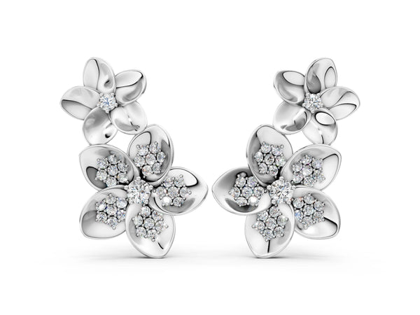 Silver Round Diamond Plumeria Climber Earrings