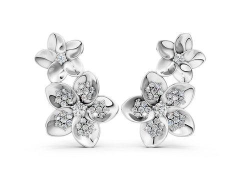 White gold Round Diamond Plumeria Climber Earrings