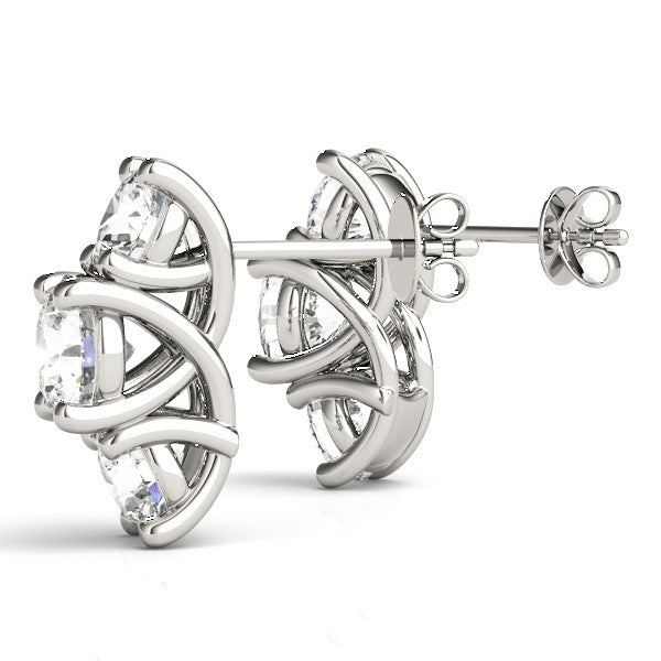 White gold Round Diamond Prong Set Three-Stone White Gold Earrings 1