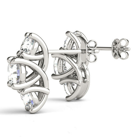 White gold Round Diamond Prong Set Three-Stone White Gold Earrings 1