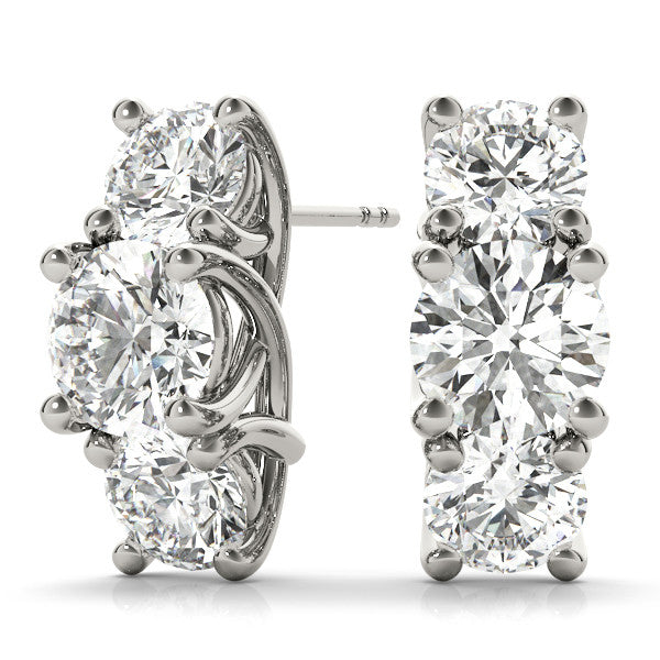 White gold Round Diamond Prong Set Three-Stone White Gold Earrings 2