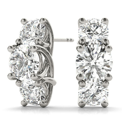 White gold Round Diamond Prong Set Three-Stone White Gold Earrings 2