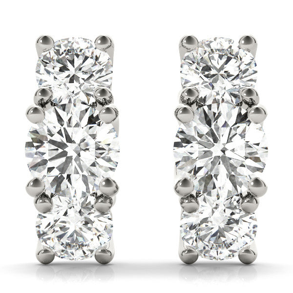 White gold Round Diamond Prong Set Three-Stone White Gold Earrings