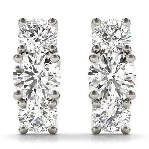 White gold Round Diamond Prong Set Three-Stone White Gold Earrings