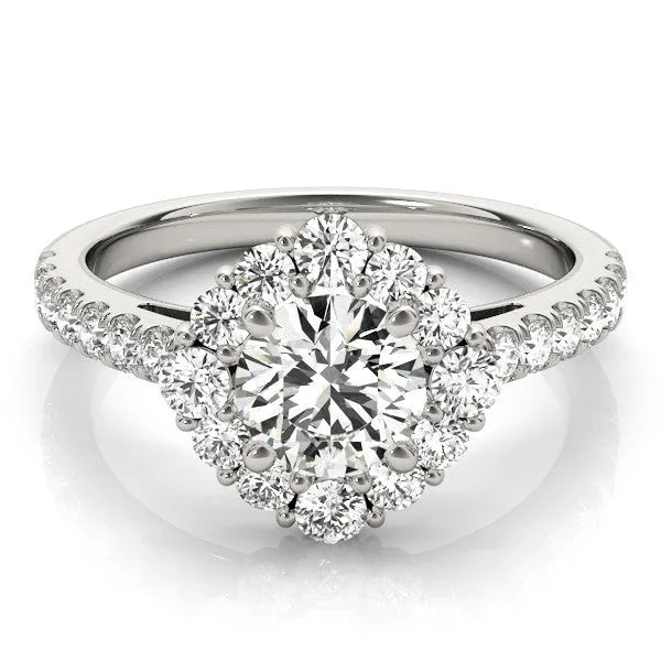 White gold Round Diamond Scalloped Halo Ring with Pavé Band and Four-Prong Setting