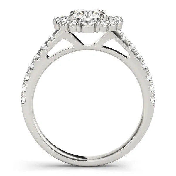 White gold Round Diamond Scalloped Halo Ring with Pavé Band and Four-Prong Setting