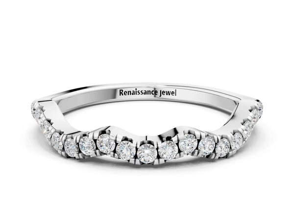 White gold Round Diamond Scalloped Pavé Wedding Band with Shared Prong Setting