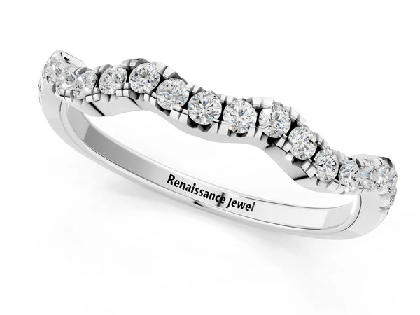 White gold Round Diamond Scalloped Pavé Wedding Band with Shared Prong Setting