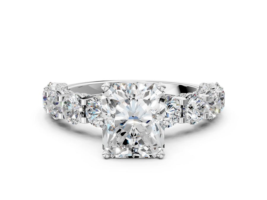 White gold Round Diamond Side Stone Engagement Ring with Six-Prong Setting