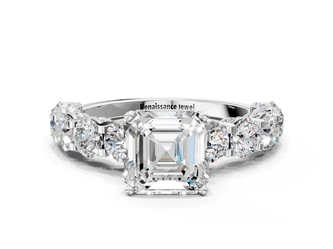 White gold Round Diamond Side Stone Engagement Ring with Six-Prong Setting_12
