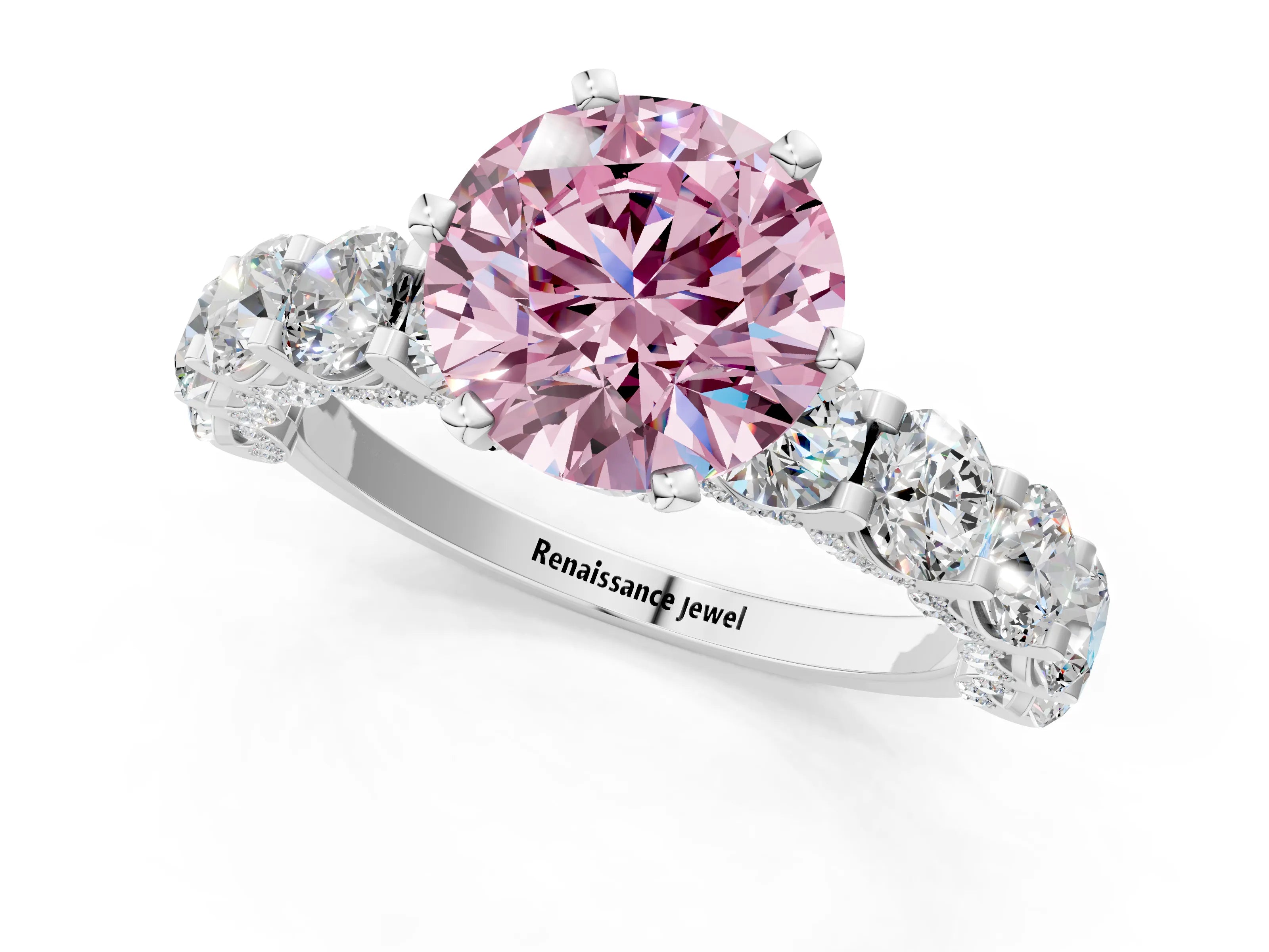 White gold Round Diamond Side Stone Engagement Ring with Six-Prong Setting_13