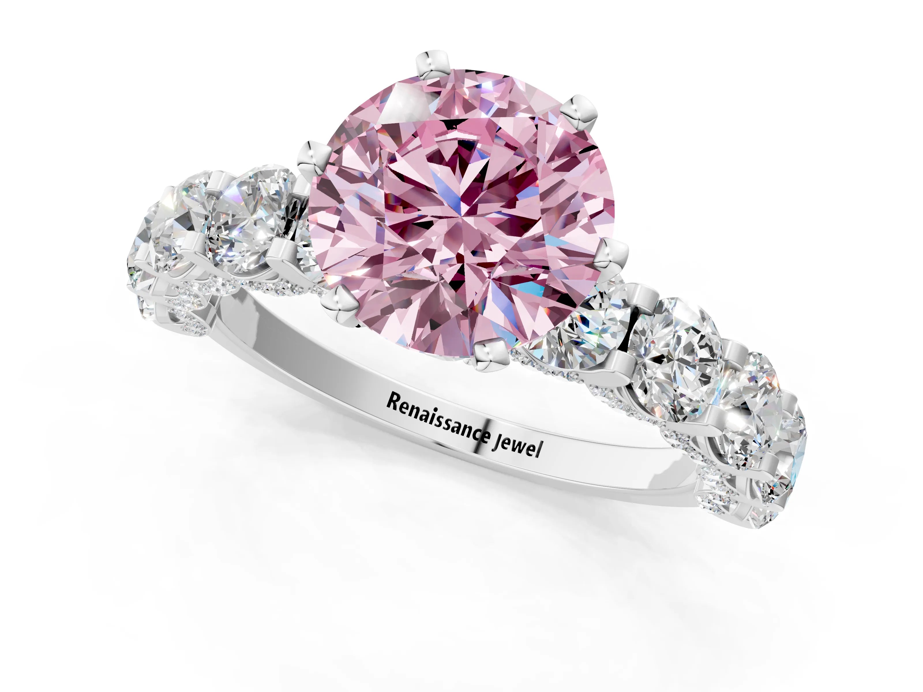 White gold Round Diamond Side Stone Engagement Ring with Six-Prong Setting_1