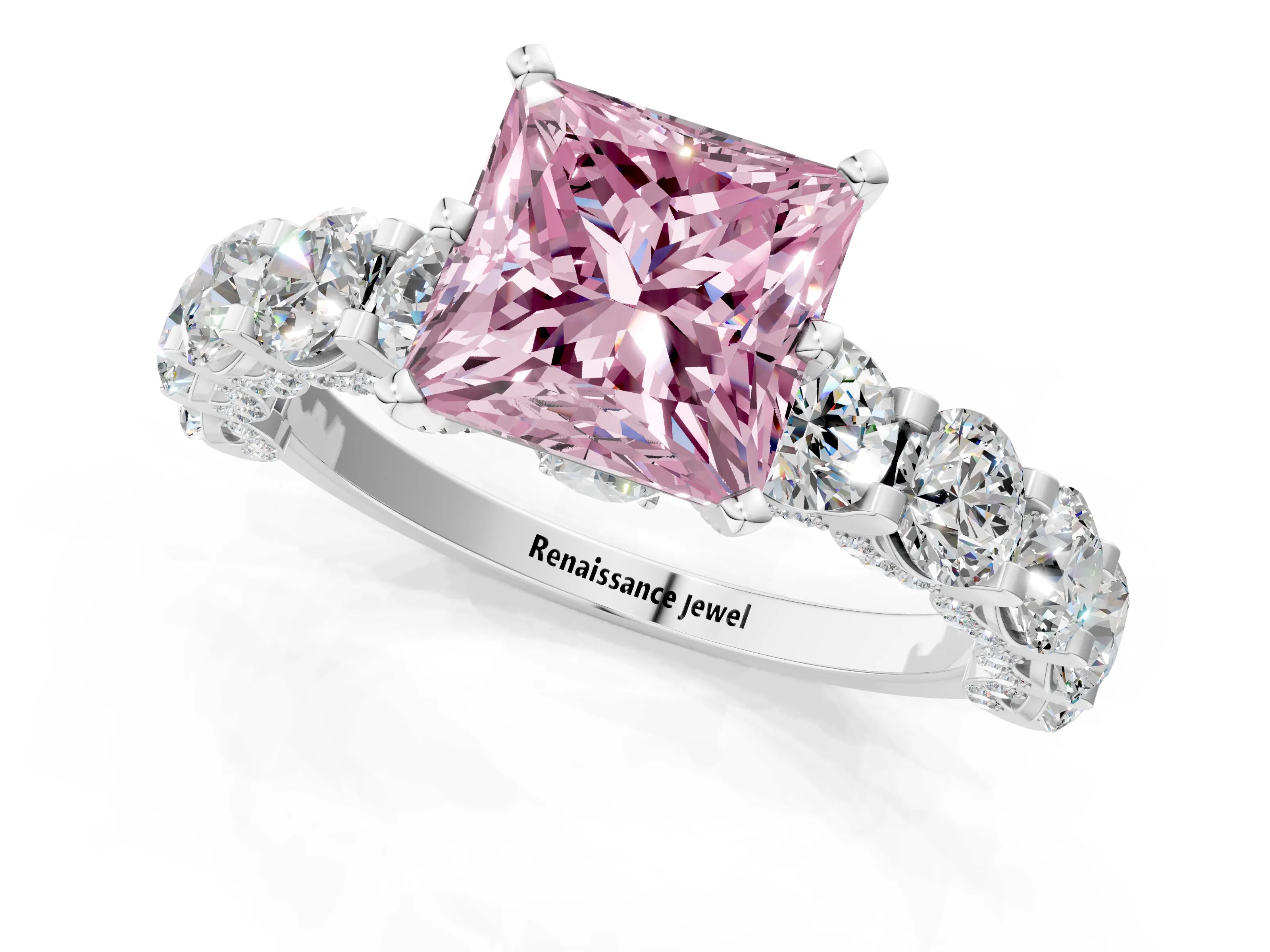 White gold Round Diamond Side Stone Engagement Ring with Six-Prong Setting_1