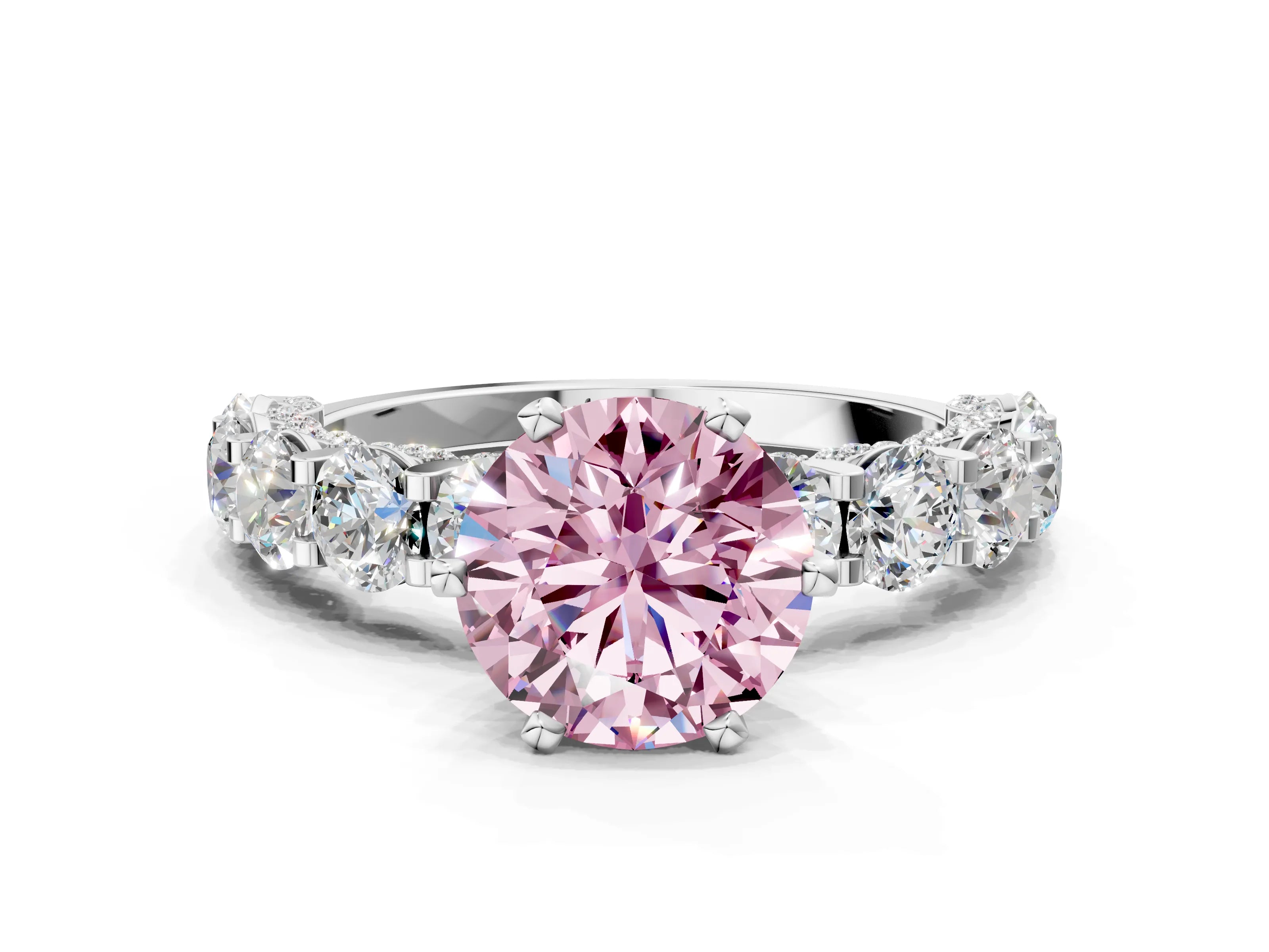 White gold Round Diamond Side Stone Engagement Ring with Six-Prong Setting