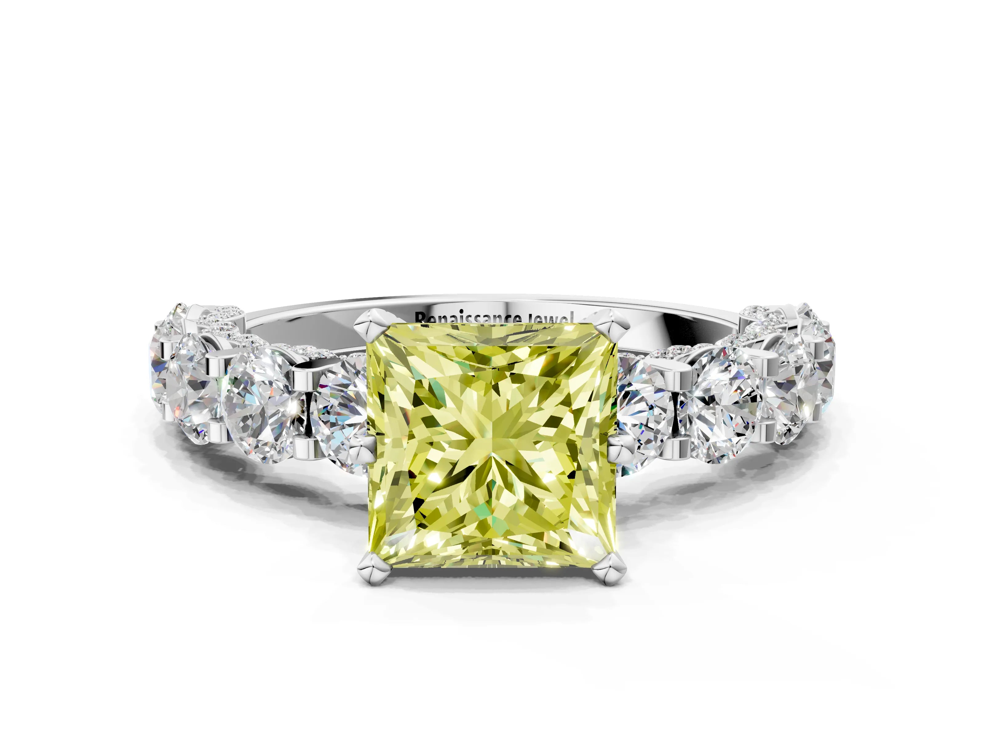 White gold Round Diamond Side Stone Engagement Ring with Six-Prong Setting
