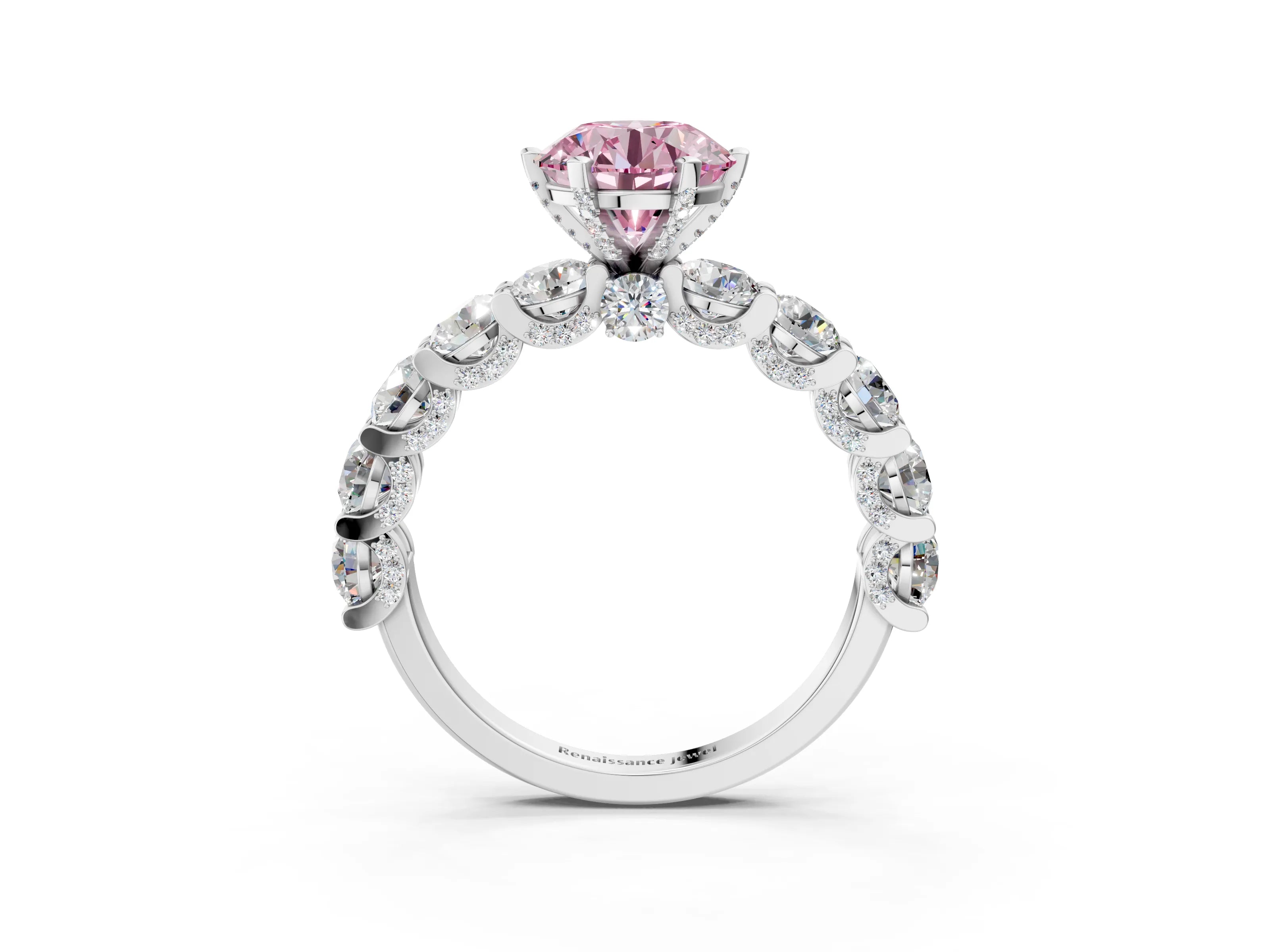 White gold Round Diamond Side Stone Engagement Ring with Six-Prong Setting_3