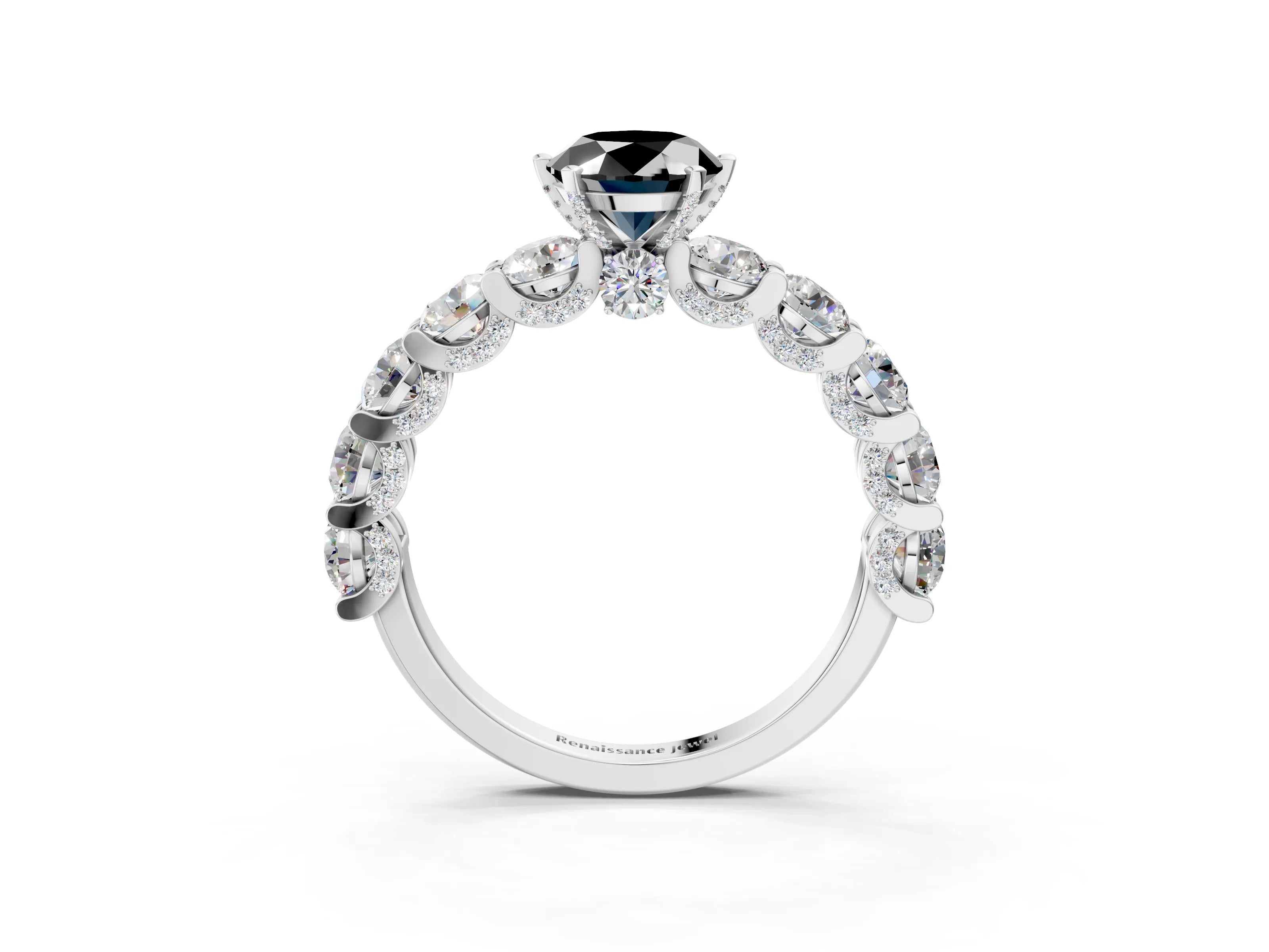 White gold Round Diamond Side Stone Engagement Ring with Six-Prong Setting_3