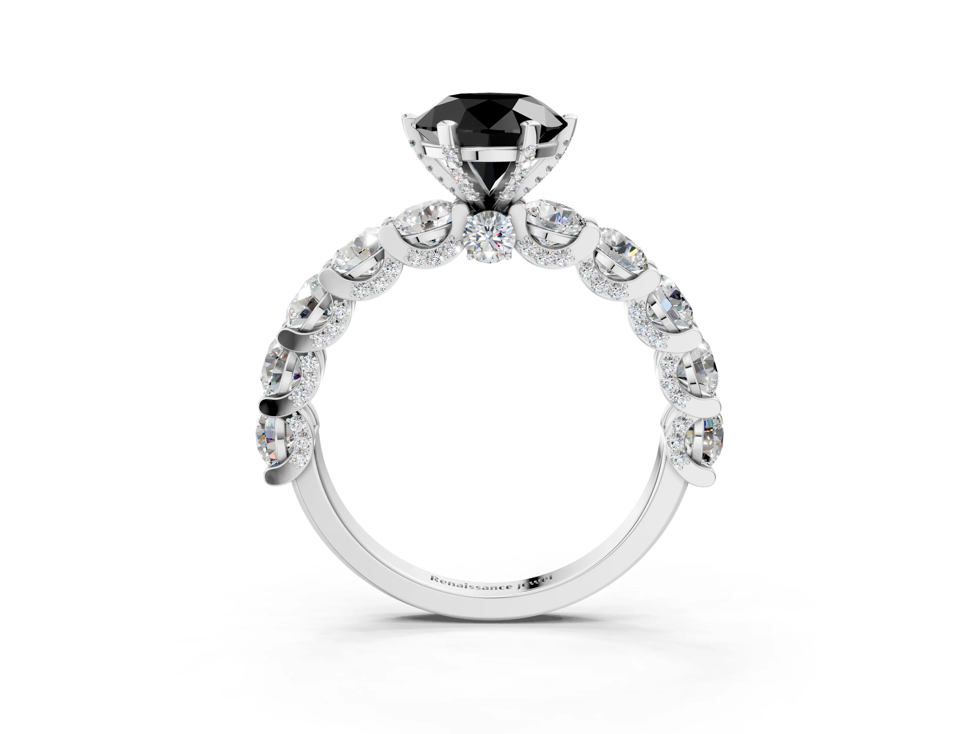 White gold Round Diamond Side Stone Engagement Ring with Six-Prong Setting_3