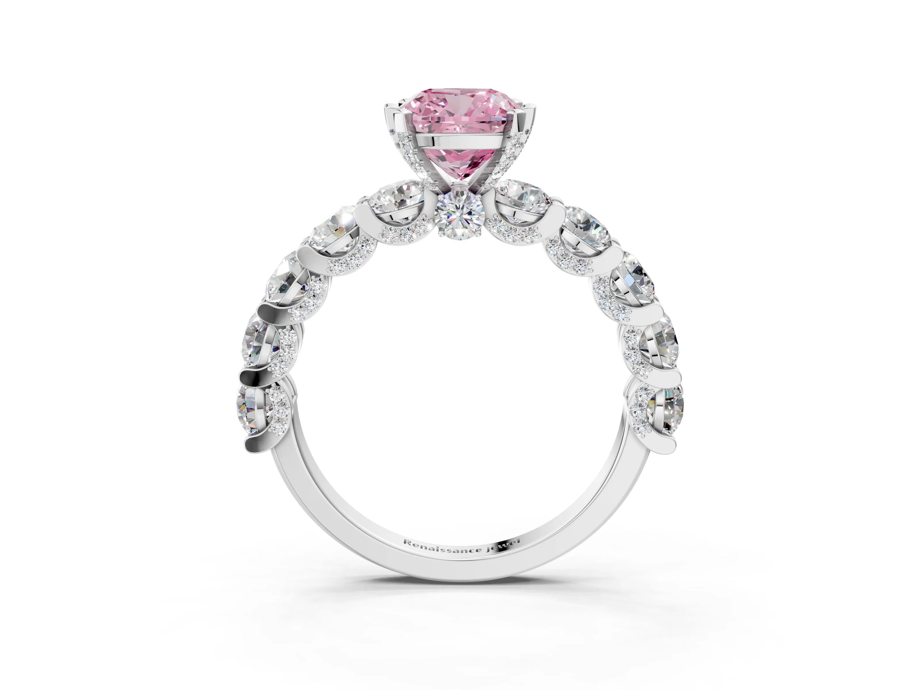 White gold Round Diamond Side Stone Engagement Ring with Six-Prong Setting_3
