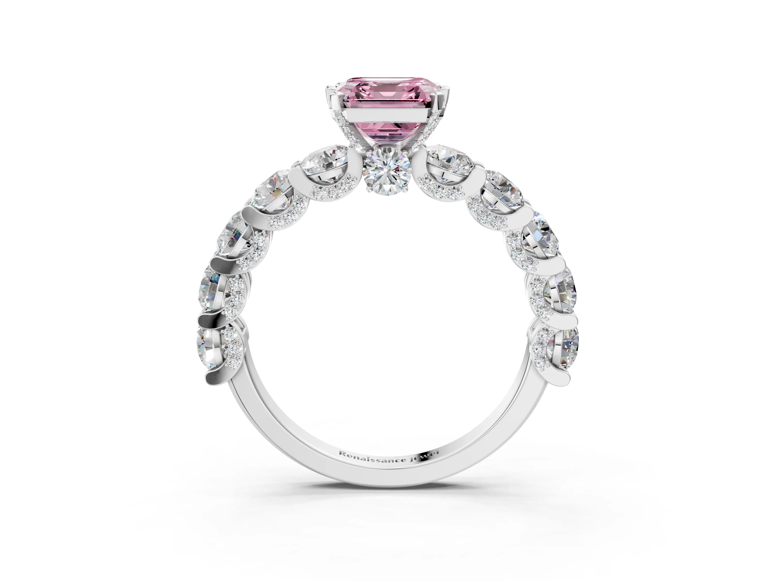 White gold Round Diamond Side Stone Engagement Ring with Six-Prong Setting_3