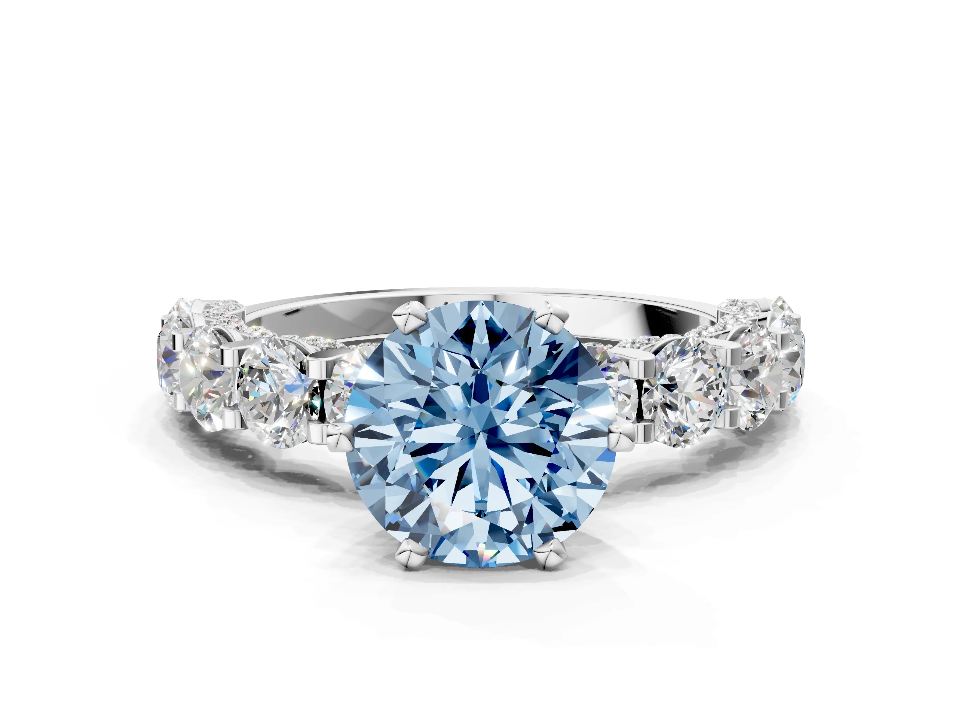 White gold Round Diamond Side Stone Engagement Ring with Six-Prong Setting