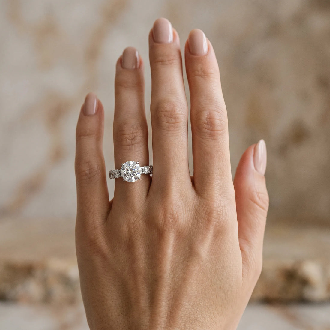 White gold Round Diamond Side Stone Engagement Ring with Six-Prong Setting_51