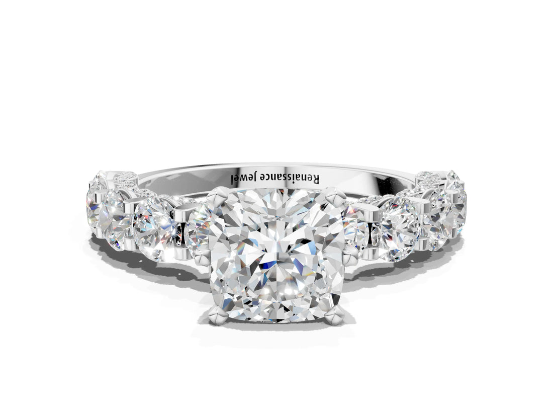 White gold Round Diamond Side Stone Engagement Ring with Six-Prong Setting_6