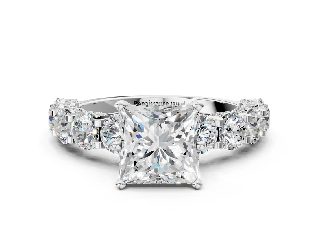 White gold Round Diamond Side Stone Engagement Ring with Six-Prong Setting_6