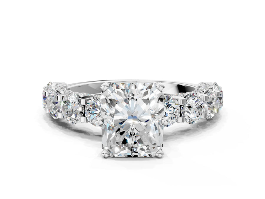 White gold Round Diamond Side Stone Engagement Ring with Six-Prong Setting