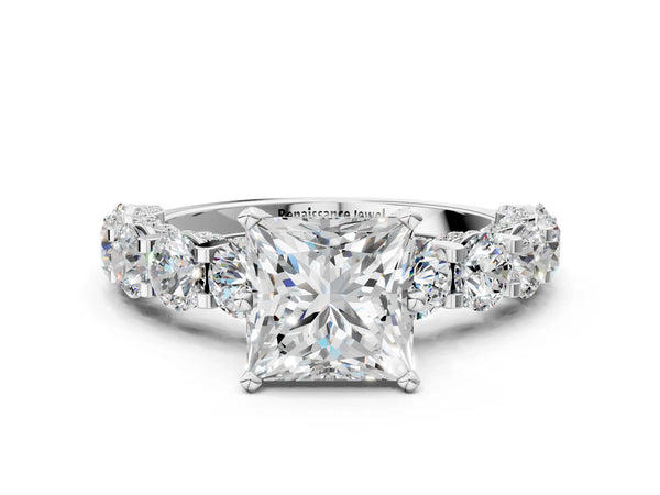 White gold Round Diamond Side Stone Engagement Ring with Six-Prong Setting