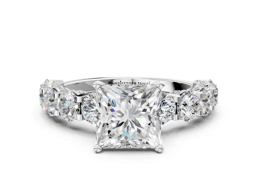 White gold Round Diamond Side Stone Engagement Ring with Six-Prong Setting