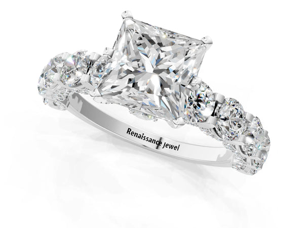 White gold Round Diamond Side Stone Engagement Ring with Six-Prong Setting