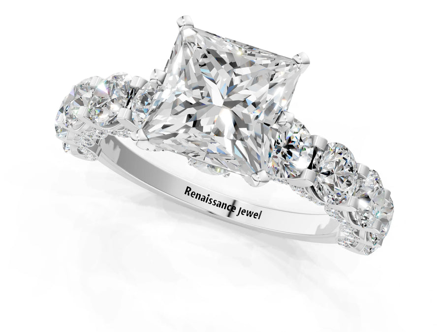 White gold Round Diamond Side Stone Engagement Ring with Six-Prong Setting