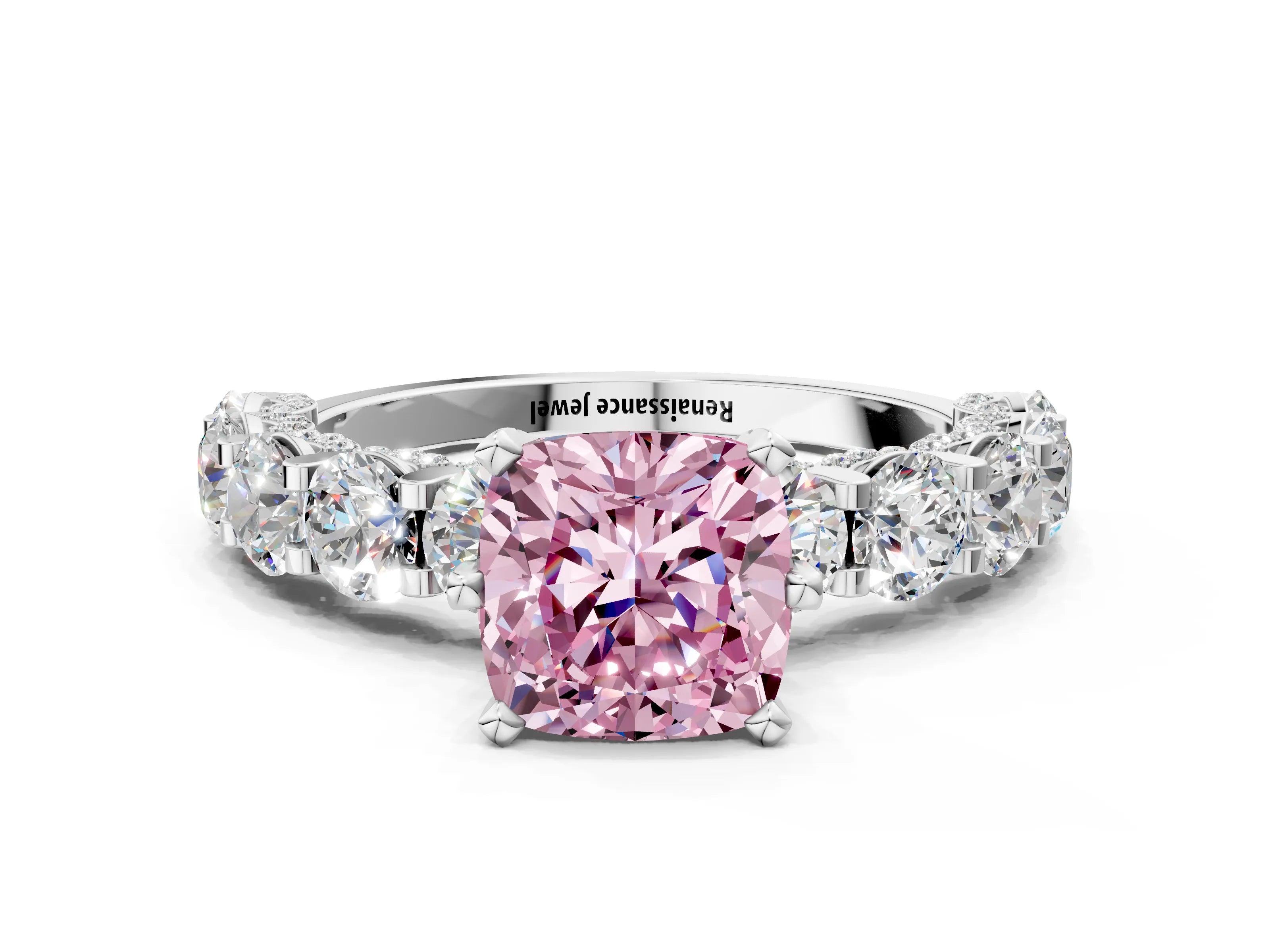 White gold Round Diamond Side Stone Engagement Ring with Six-Prong Setting