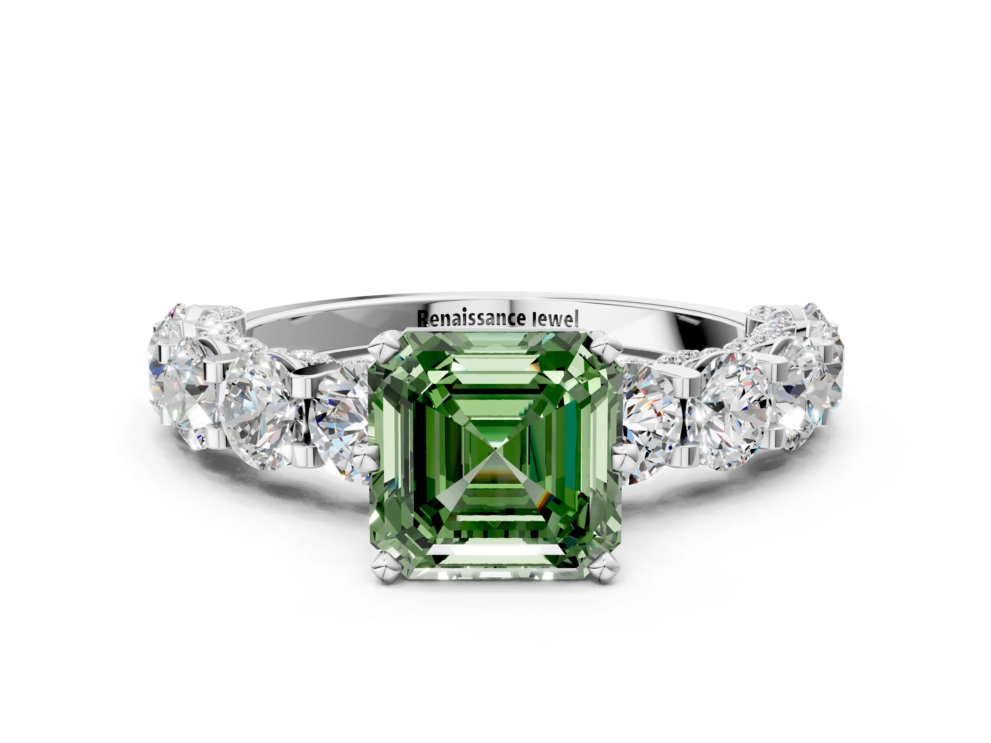 White gold Round Diamond Side Stone Engagement Ring with Six-Prong Setting