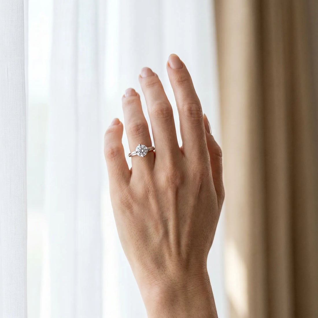 White gold Round Diamond Solitaire Ring with Beaded Band and Four-Prong Setting_19
