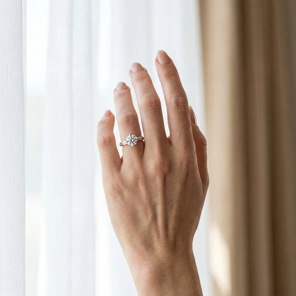 White gold Round Diamond Solitaire Ring with Beaded Band and Four-Prong Setting